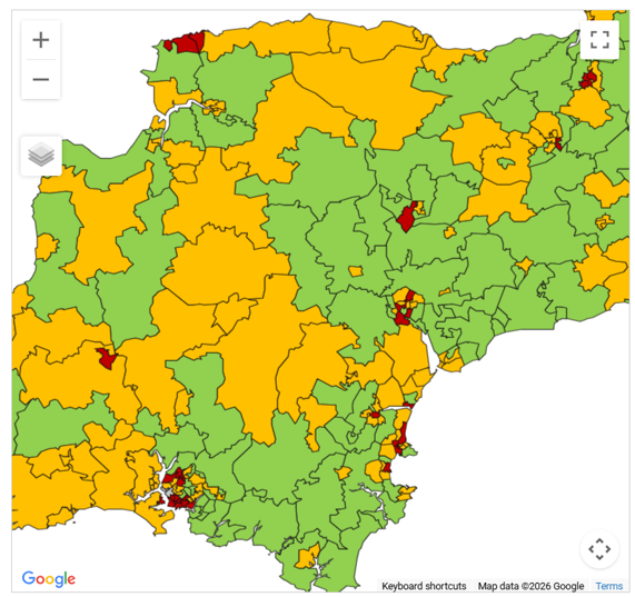 Map of Devon illustrating the differences in male life expectancy across the county.