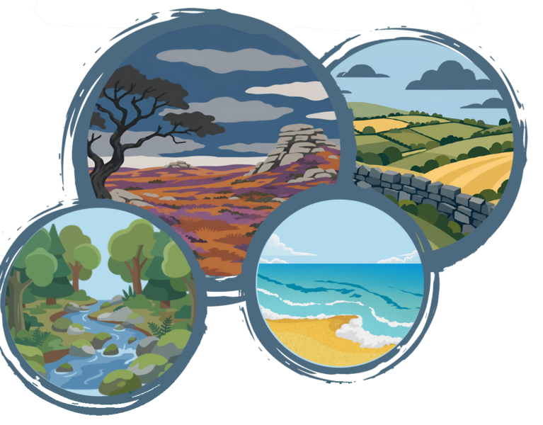 Decorative graphic showing different drawn representations of the environment including moorland, farmland, a forest and a beach.