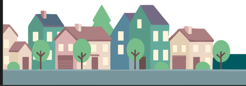Decorative image showing a row of houses and trees