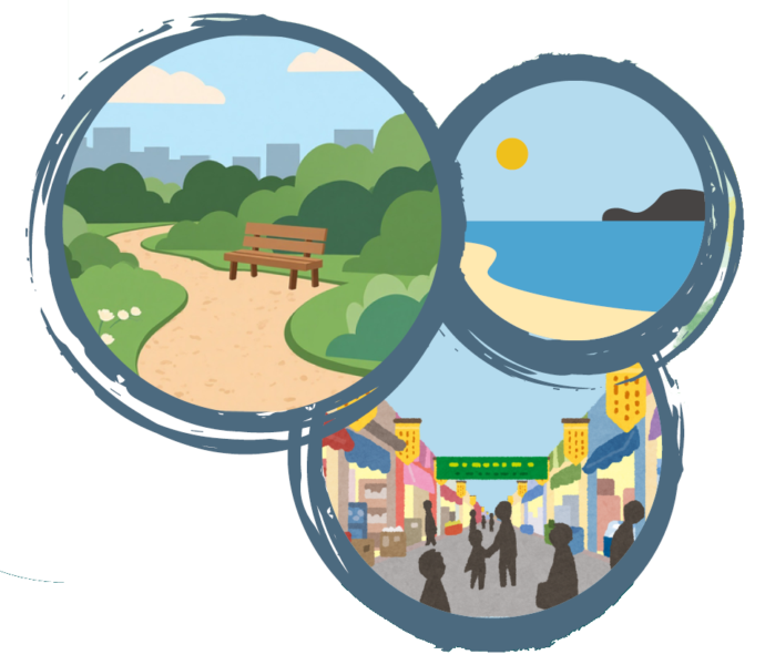 Decorative graphic showing different places to go including an urban park, a shopping area, and the seaside.