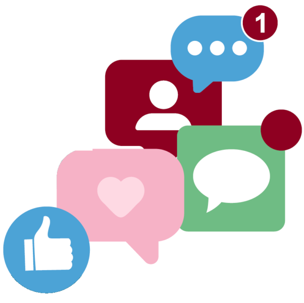 Decorative graphic showing different social media platform icons.
