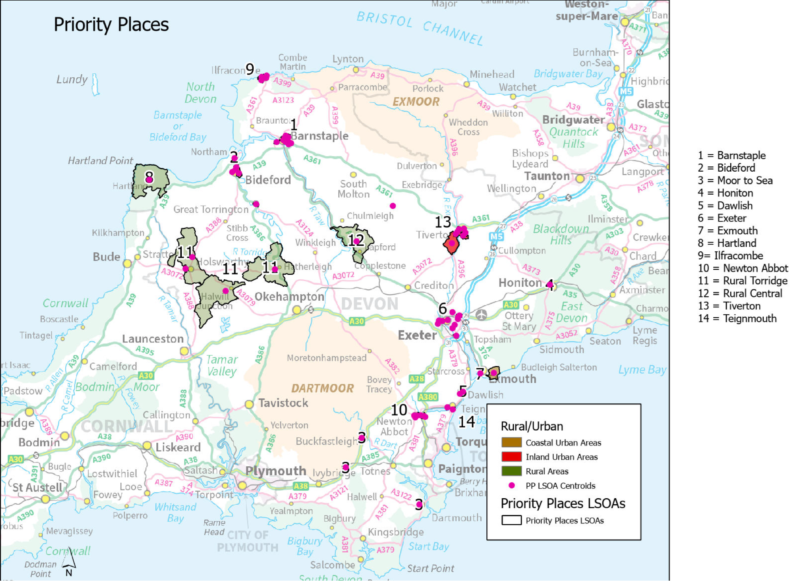 Map showing all priority places in Devon