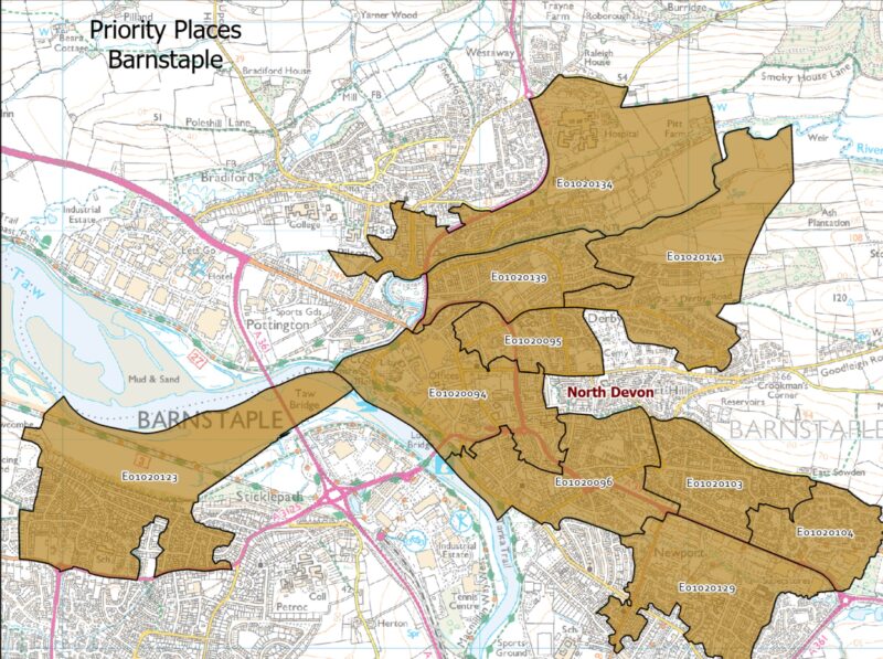 Map showing the Lower Super Output Areas making up the Barnstaple priority place