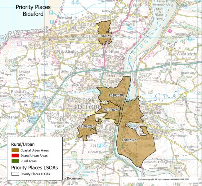 Map showing the Lower Super Output Areas making up the Bideford priority place