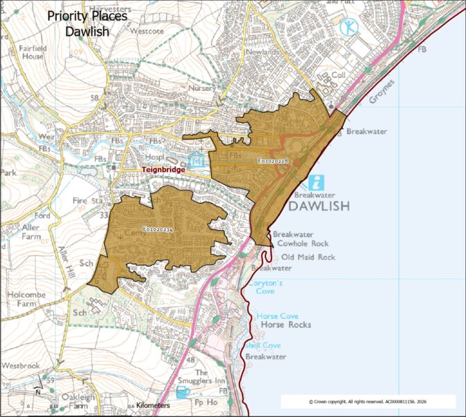 Map showing the Lower Super Output Areas making up the Dawlish priority place