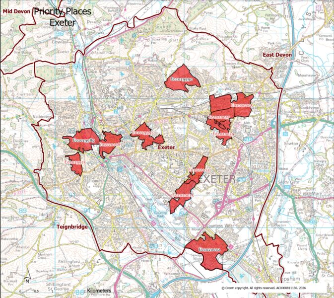 Map showing the Lower Super Output Areas making up the Exeter priority place