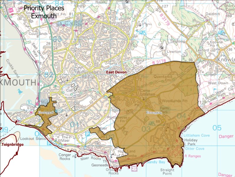 Map showing the Lower Super Output Areas making up the Exmouth priority place