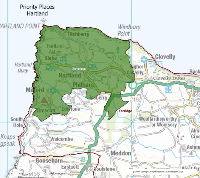 Map showing the Lower Super Output Area making up the Hartland priority place