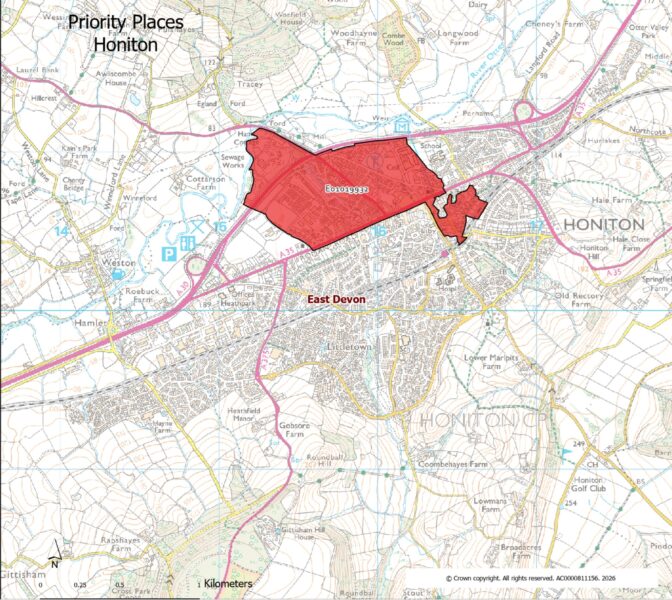 Map showing the Lower Super Output Area making up the Honiton priority place