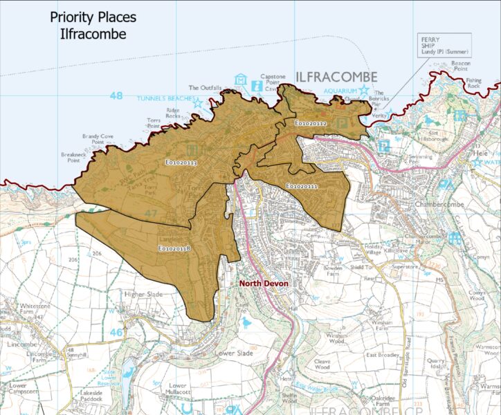Map showing the Lower Super Output Areas making up the Ilfracombe priority place