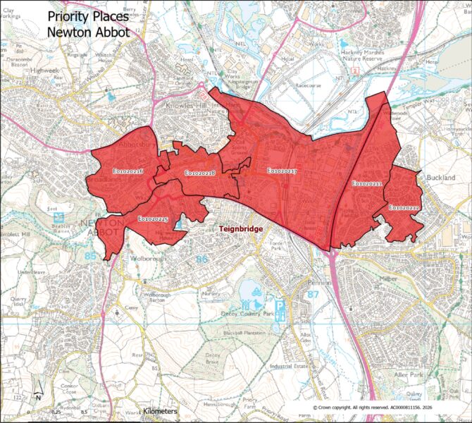Map showing the Lower Super Output Areas making up the Newton Abbot priority place