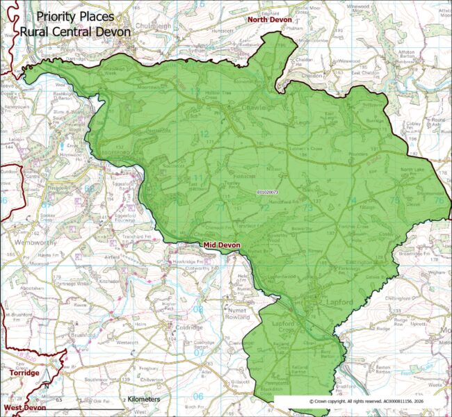 Map showing the Lower Super Output Area making up the Rural Central Devon priority place
