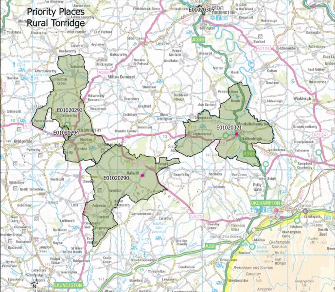 Map showing the Lower Super Output Areas making up the Rural Torridge priority place