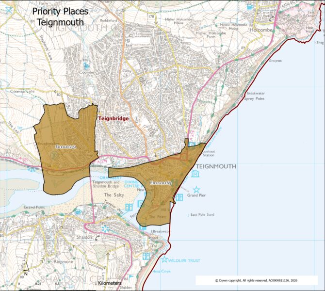 Map showing the Lower Super Output Areas making up the Teignmouth priority place
