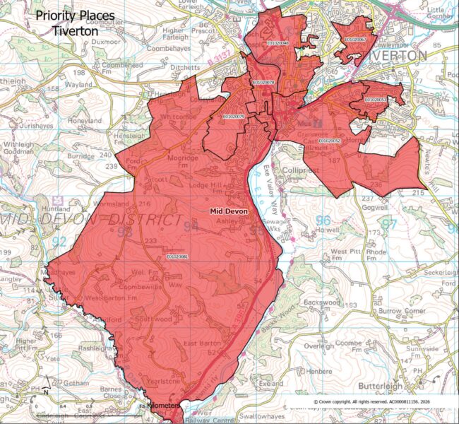 Map showing the Lower Super Output Areas making up the Tiverton priority place
