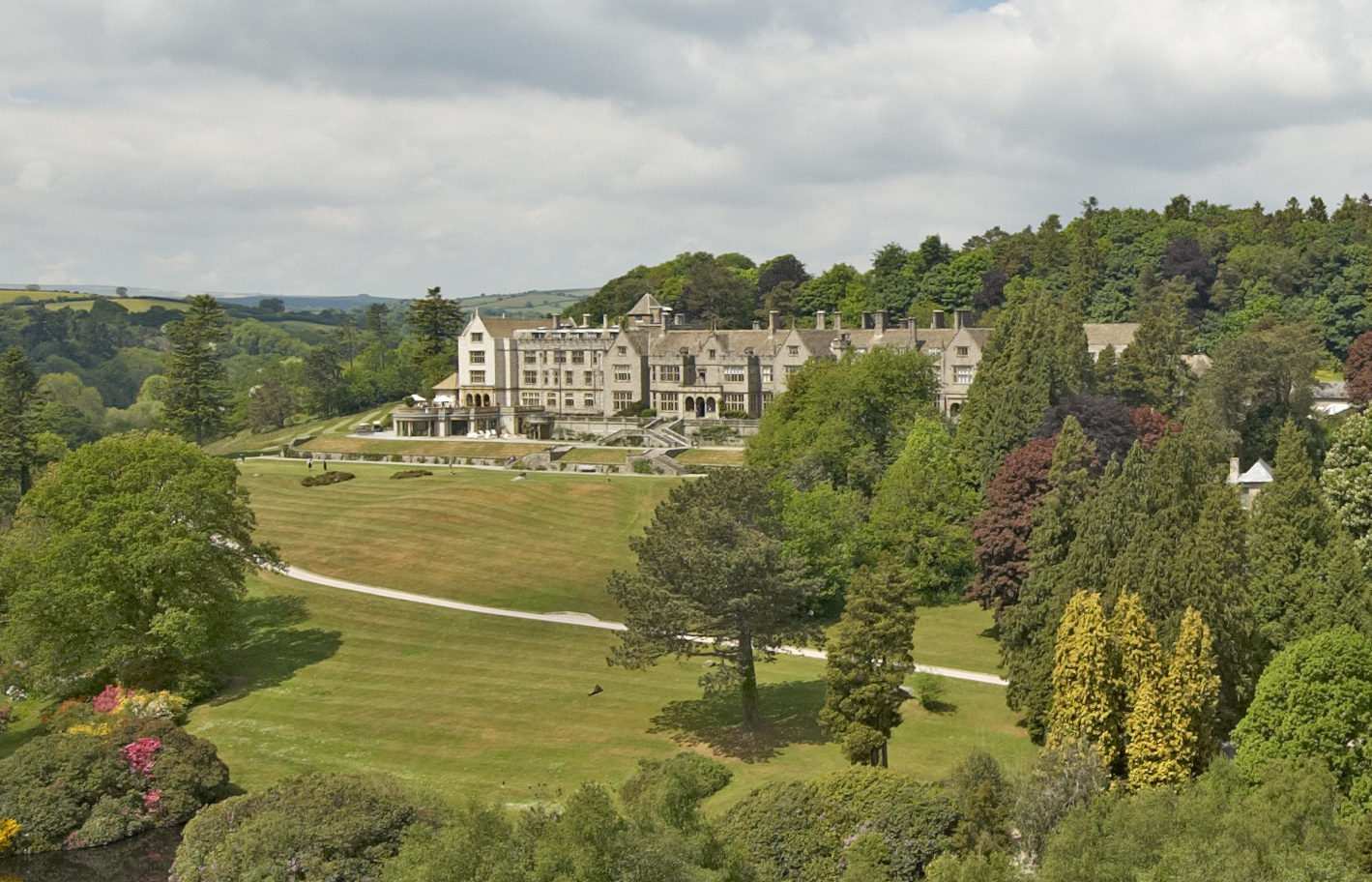 An aerial shot of Bovey Castle and its grounds