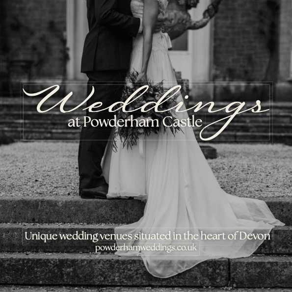 black and white picture of bride and groom outside Powderham castle with the words unique wedding venues situations in the heart of devon powderhamweddings.co.uk