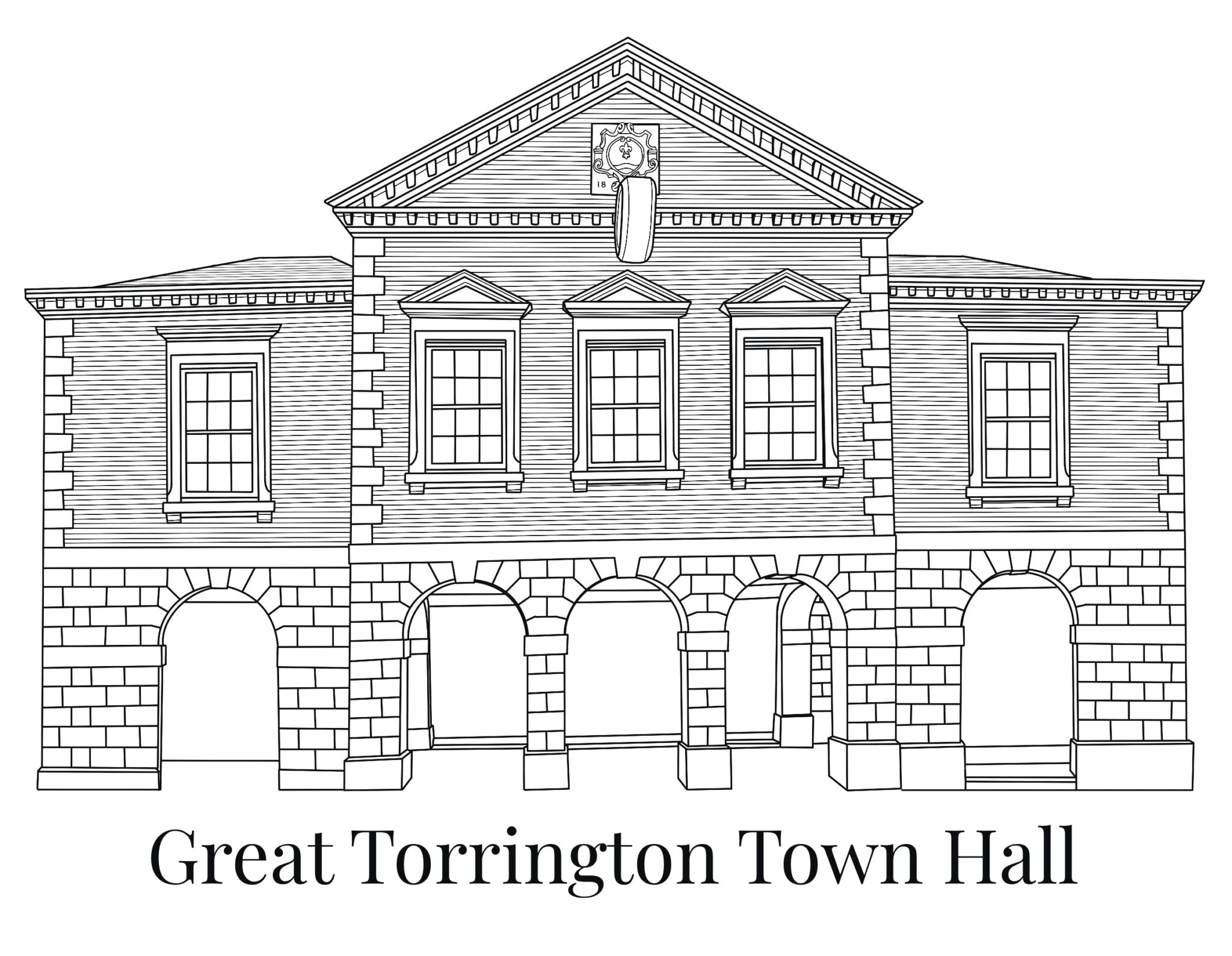 A sketch of a building with archways at the entrance. The words Great Torrington Town Hall are underneath the drawing.
