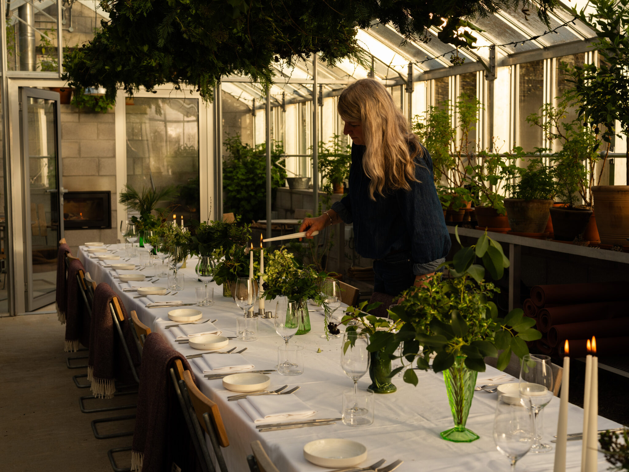 A table for guests being prepared at Fowlescombe Farm.