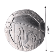 A 20p piece with extra information showing that it is about 20mm high