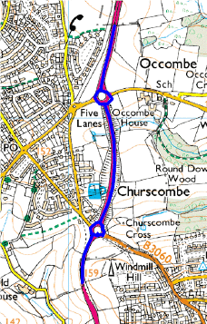 Map showing a section of A380 treated by Torbay Council