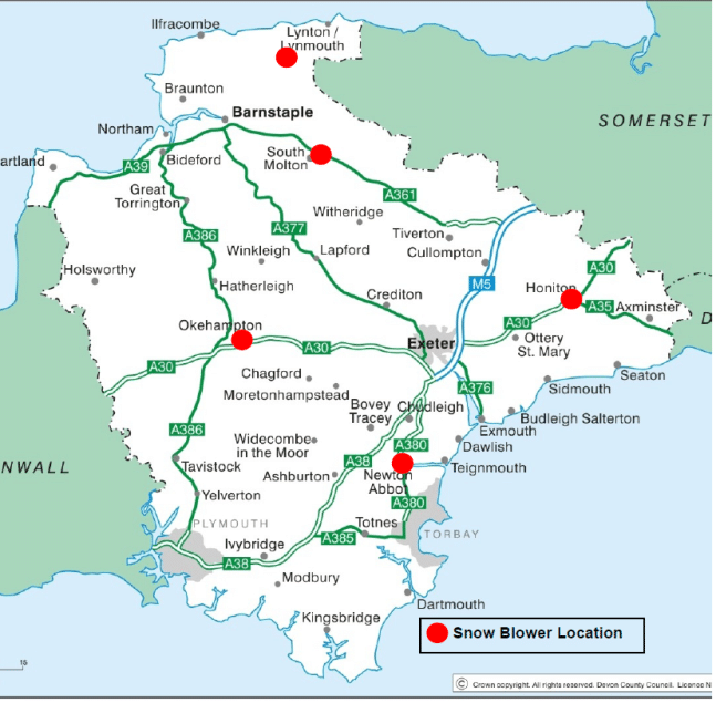 Map showing the locations where the snowblowers are stored