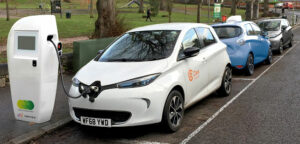 Car being charged at a roadside charger