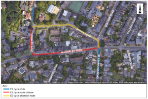 E9 cycle route diversion, via College Road and Spicer Road