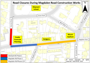 Map of road closures during Magdalen Road construction works