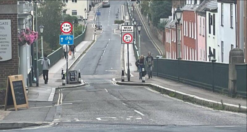 A photo montage showing Iron Bridge with the One Way sign that will be erected