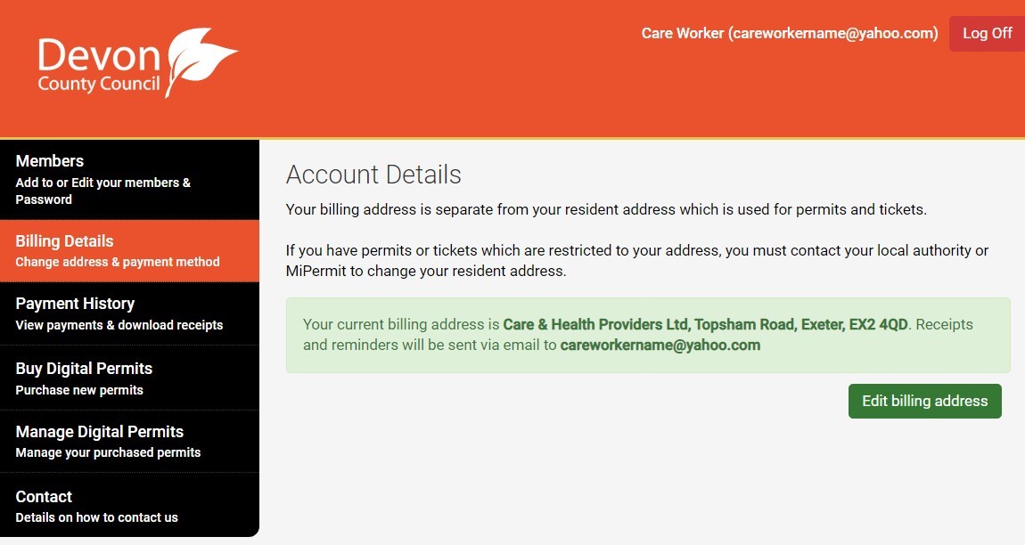 Screenshot of MiPermit account details showing current details with an edit button to change details.