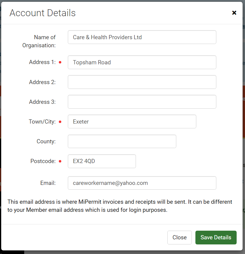 Screenshot of MiPermit account details showing name, address and email address which can be edited