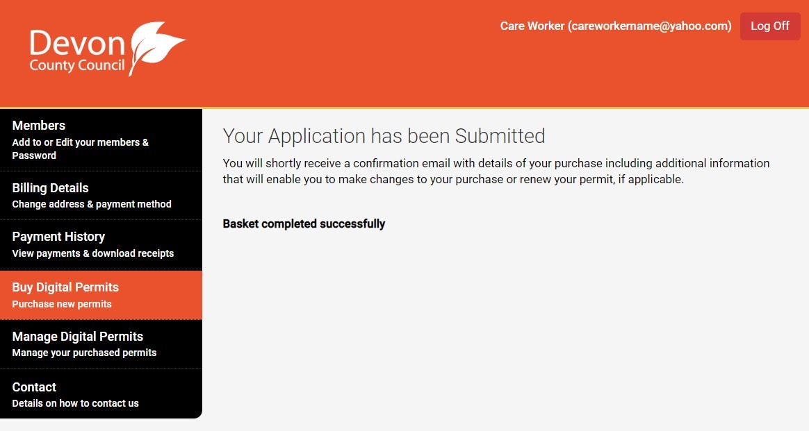 Screenshot of the MiPermit screen where the application for permits has been submitted.
