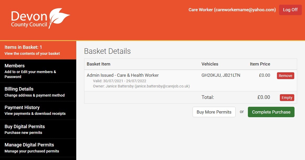 Screenshot of the MiPermit screen with one permit in the basket.  Has the option to buy more permits or complete purchase.