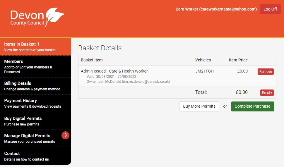 Screenshot of the MiPermit screen with one permit in the basket.  Has the option to buy more permits or complete purchase.  It also shows that there are three digital permits to manage.