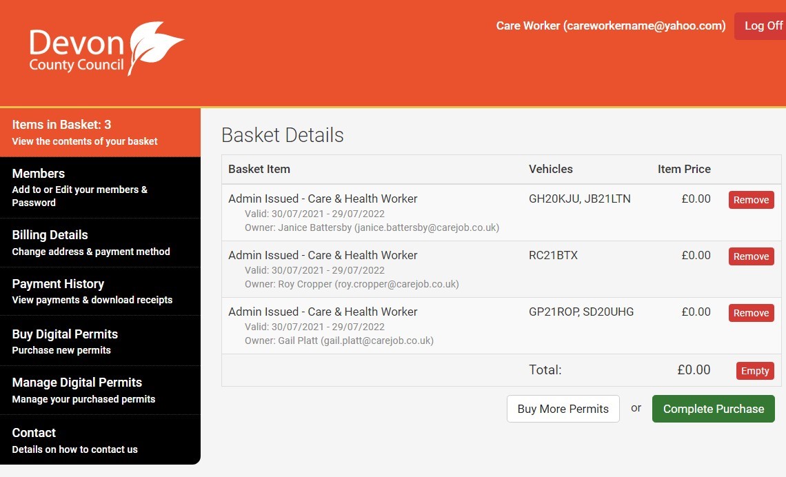 Screenshot of the MiPermit basket when three permit purchases have been added with the option to buy more permits or complete purchase buttons.