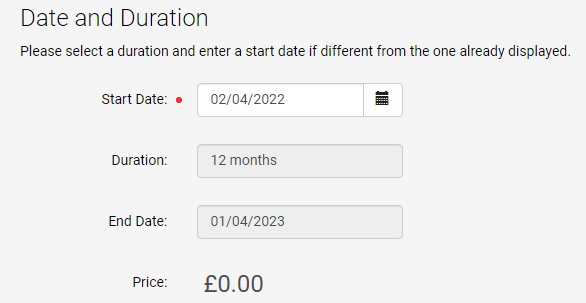 Screenshot of MiPermit date and duration screen for renewing permits showing date permit starts.