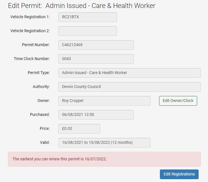 Screenshot of the MiPermit screen check the details of a permit issued to a particular permit holder.