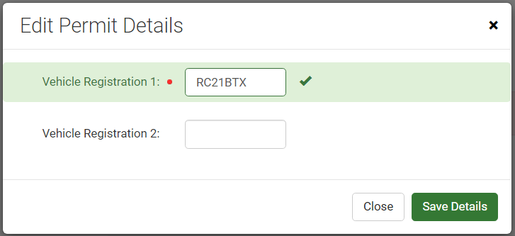 Screenshot of the MiPermit screen to edit or add the vehicle registration number of a permit holder