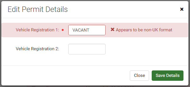Screenshot of the MiPermit screen to edit or add the vehicle registration number of a permit holder.  This permit is vacant and ready to be assigned.