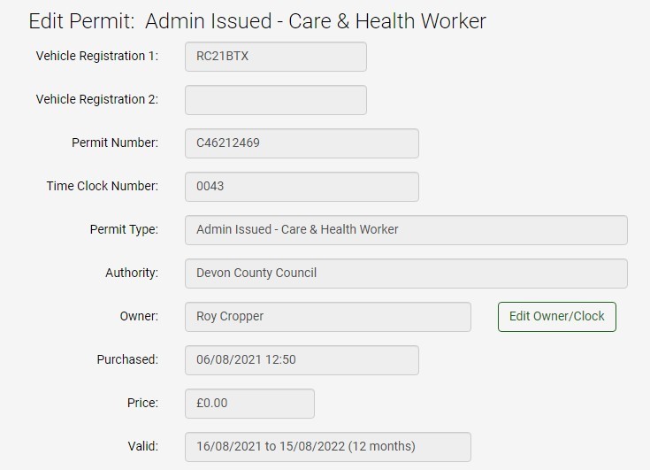 Screenshot of the MiPermit screen check or edit the details of a permit issued to a particular permit holder.