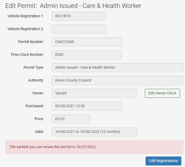 Screenshot of the MiPermit screen check or edit the details of a permit issued to a particular permit holder. The owner of this permit is Vacant.