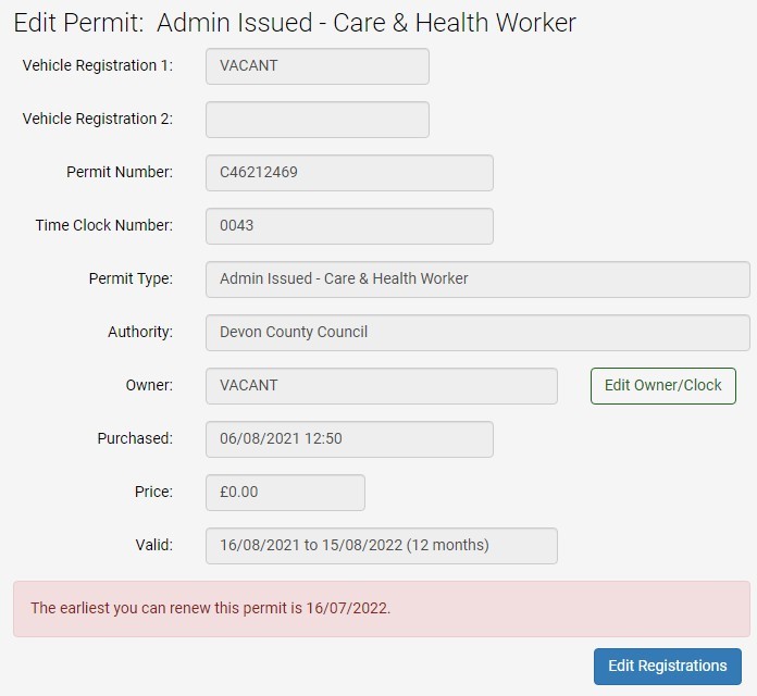Screenshot of the MiPermit screen check or edit the details of a permit issued to a particular permit holder. The owner of this permit is Vacant.