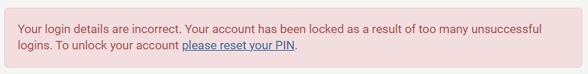 Screenshot of MiPermit warning message that login details are incorrrect and to reset pin.