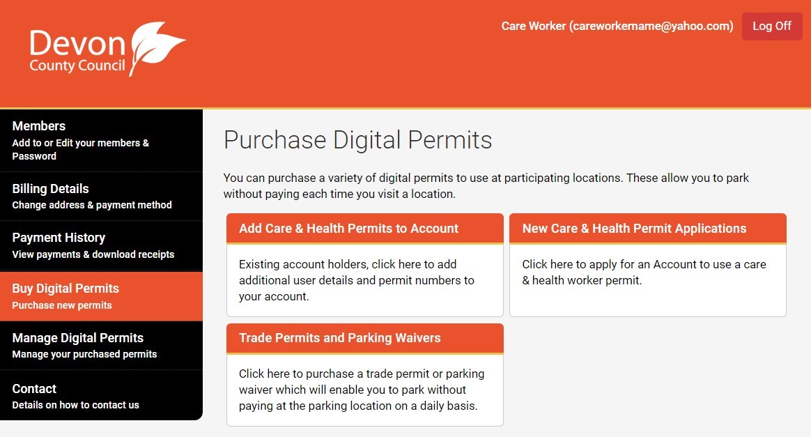 Screenshot of the menu in the MiPermit system showing the purchase digital permits screen and options.