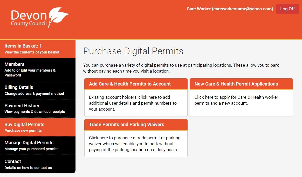 Screenshot of the menu in the MiPermit system showing the purchase digital permits screen and options.  Showing that on item is in the basket.