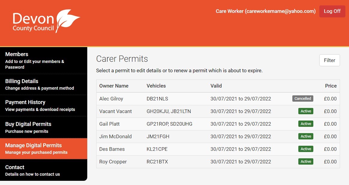 Screenshot of MiPermit carer permits that are currently in the account showing name, vehicle registration numbers and status of permit.