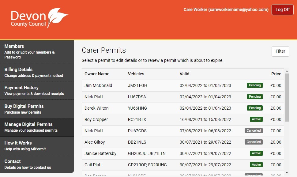 Screenshot of MiPermit carer permits that are currently in the account showing name, vehicle registration numbers and the dates valid.  The status of the permit is shown as pending, active or cancelled