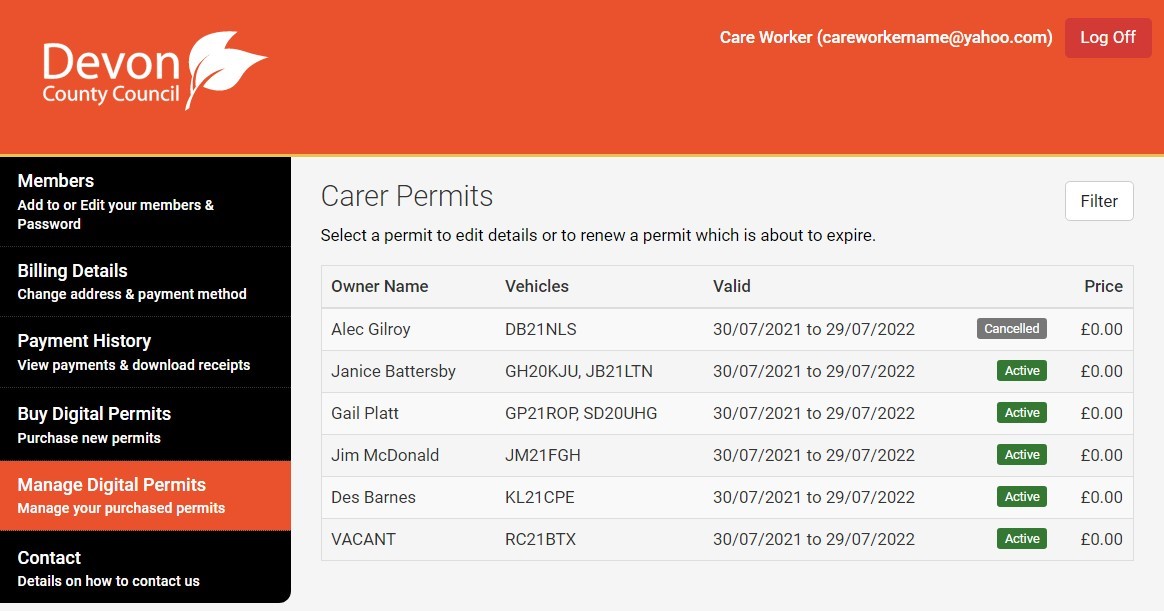 Screenshot of MiPermit carer permits that are currently in the account showing name, vehicle registration numbers and status of permit. One permit is shown with Vacant as the owner name.