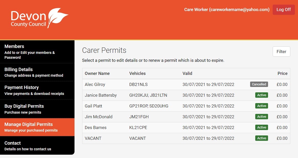 Screenshot of MiPermit carer permits that are currently in the account showing name, vehicle registration numbers and status of permit.  Showing that one permit is Vacant with no owner or vehicle registration number.